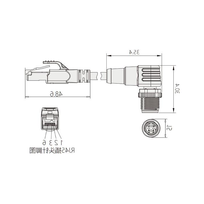 M12 4Pin D-coded 公头90°转RJ45公头直型、双端预铸PUR柔性电缆、带屏蔽、黄色护套、0C4592-XXX